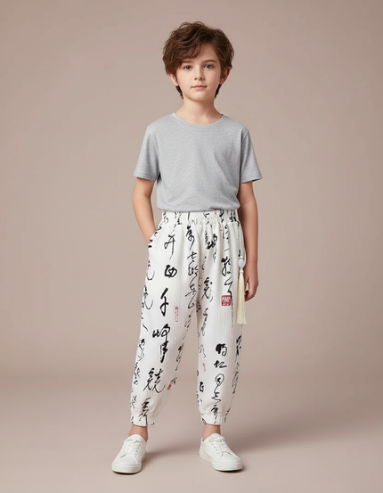 Pantalon Blanc Coton Ample Imprimé Calligraphie Enfant