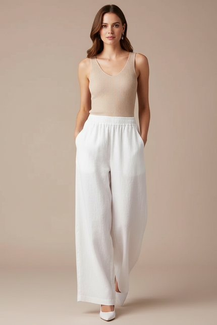 Pantalon Blanc Lin Coton Ample Fluide Décontracté