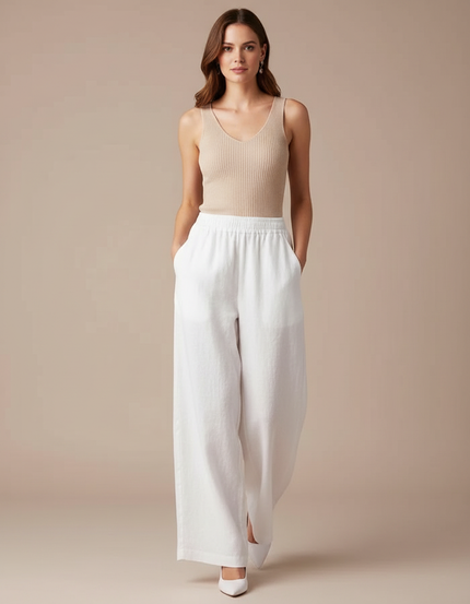 Pantalon Blanc Lin Coton Ample Fluide Décontracté