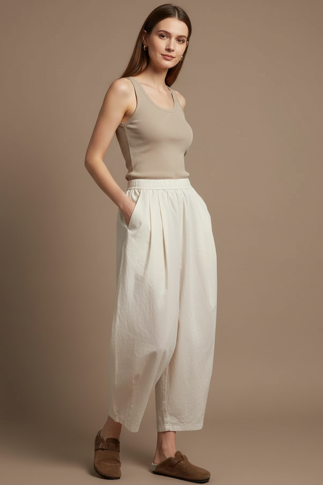 Pantalon Blanc Ample Plissé Décontracté Fluide Femme - Toile