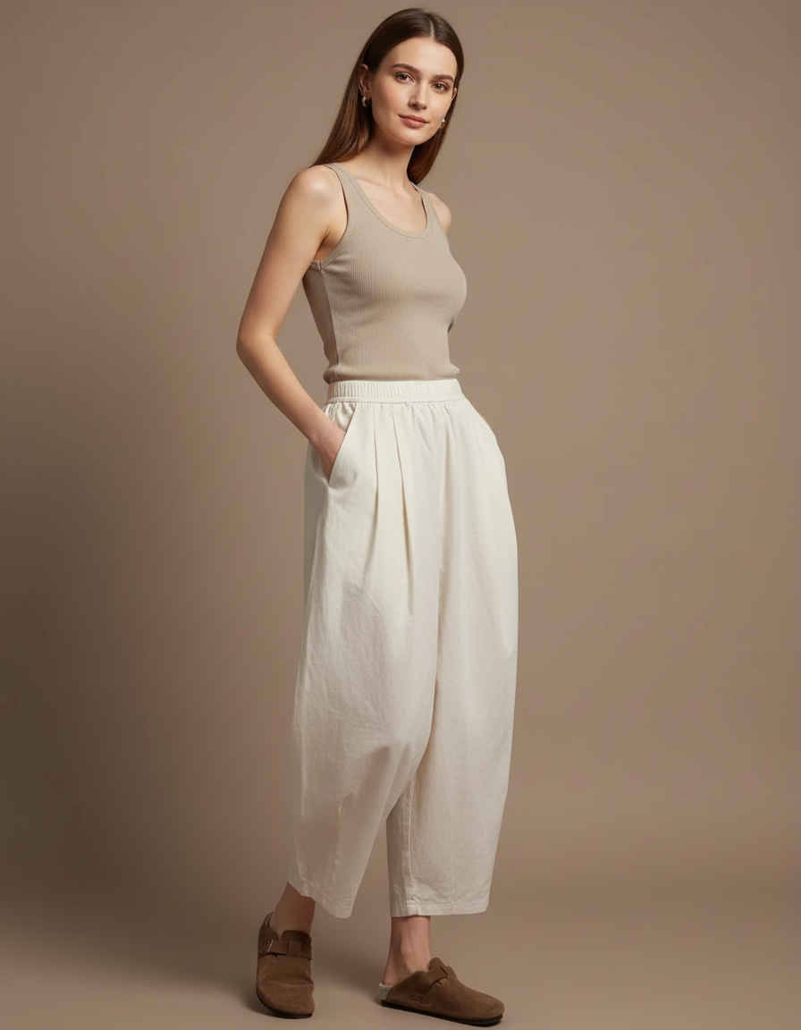 Pantalon Blanc Ample Plissé Décontracté Fluide Femme - Toile
