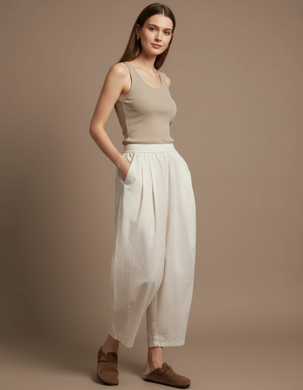 Pantalon Blanc Ample Plissé Décontracté Fluide Femme - Toile