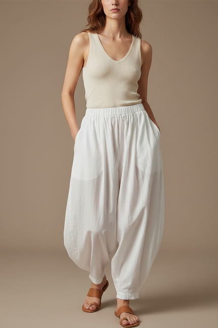 Pantalon Blanc Ample Fluide Coton Casual - Lin