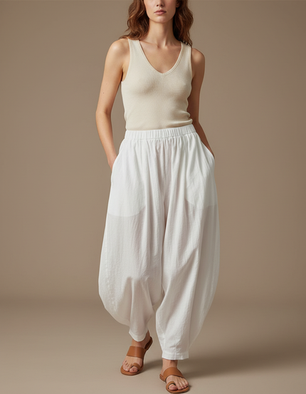 Pantalon Blanc Ample Fluide Coton Casual - Lin