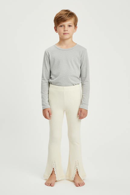 Pantalon Blanc Côtelé Tricoté Évasé Dentelle Enfant - Maille