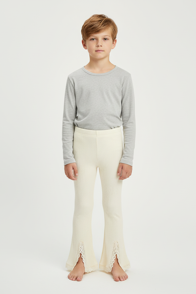 Pantalon Blanc Côtelé Tricoté Évasé Dentelle Enfant - Maille