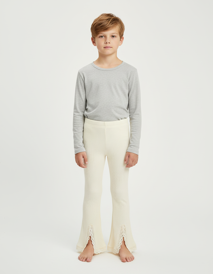 Pantalon Blanc Côtelé Tricoté Évasé Dentelle Enfant - Maille