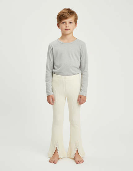 Pantalon Blanc Côtelé Tricoté Évasé Dentelle Enfant - Maille