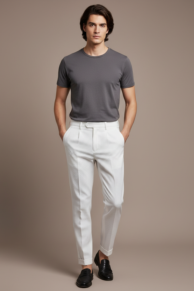 Pantalon Blanc Texturé Slim Habillé Homme - Coton