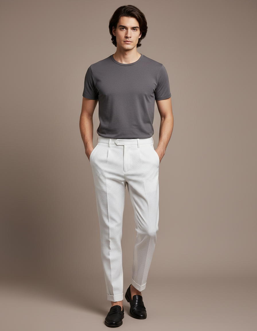 Pantalon Blanc Texturé Slim Habillé Homme - Coton