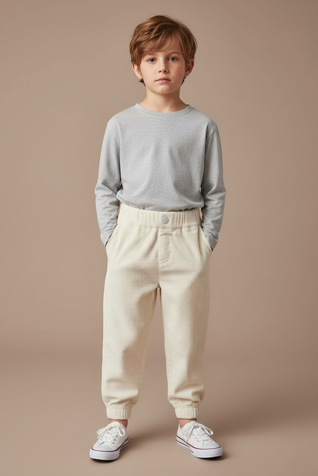 Pantalon Blanc Côtelé Ample Décontracté Enfant Garçon - Beige Cordé