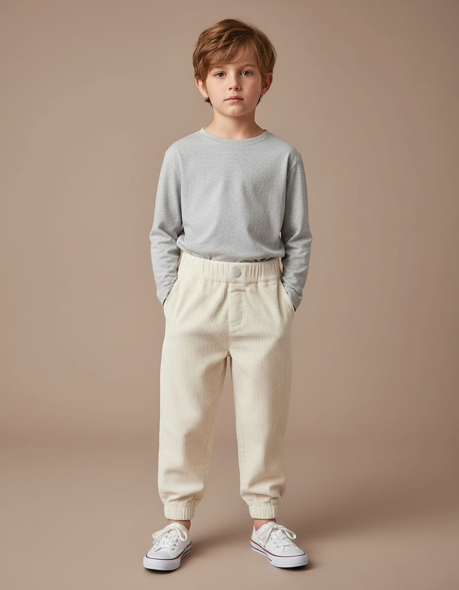 Pantalon Blanc Côtelé Ample Décontracté Enfant Garçon - Beige Cordé