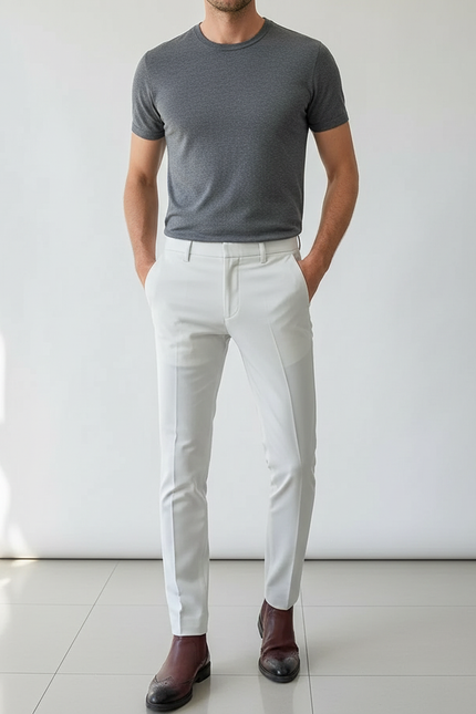 Pantalon Blanc Homme Slim Habillé Élégant Décontracté - Gabardine