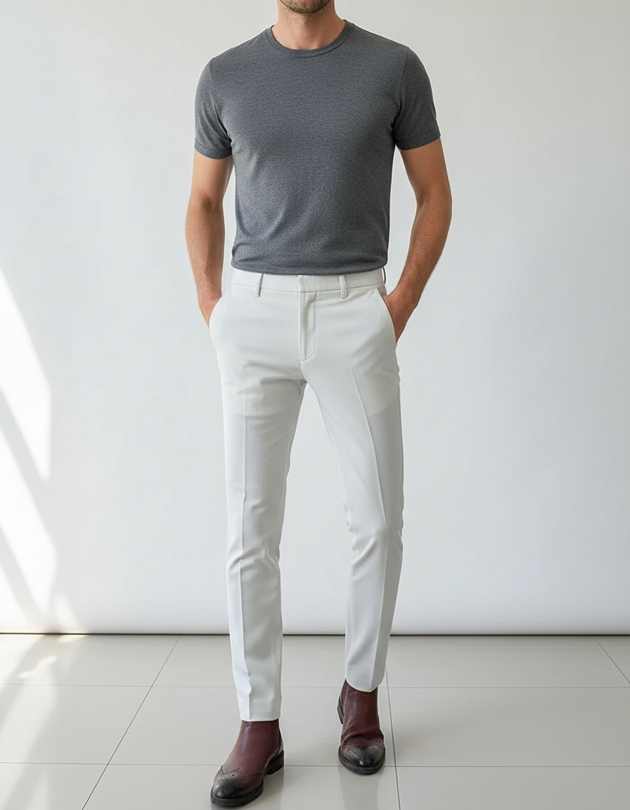 Pantalon Blanc Homme Slim Habillé Élégant Décontracté - Gabardine