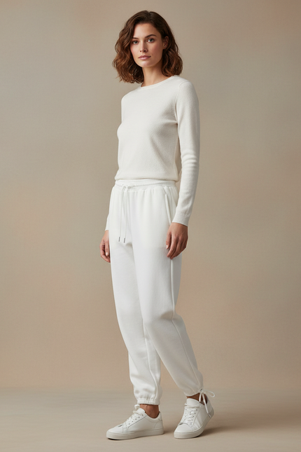 Pantalon Blanc Molleton Femme Taille Haute Jogger