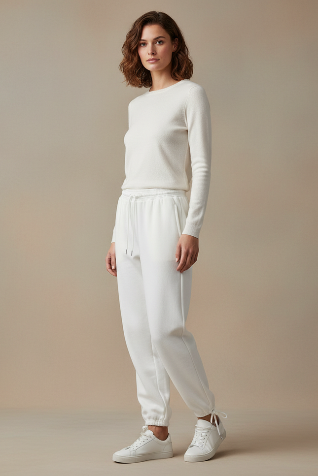 Pantalon Blanc Molleton Femme Taille Haute Jogger