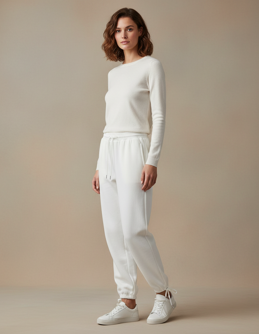 Pantalon Blanc Molleton Femme Taille Haute Jogger