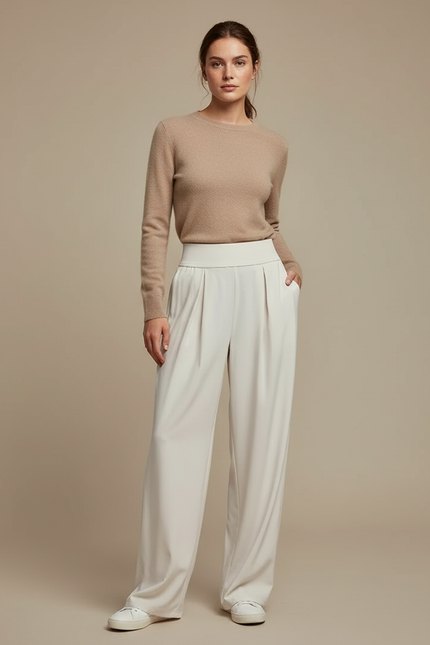 Pantalon Blanc Plissé Fluide Taille Haute Élégant - Viscose