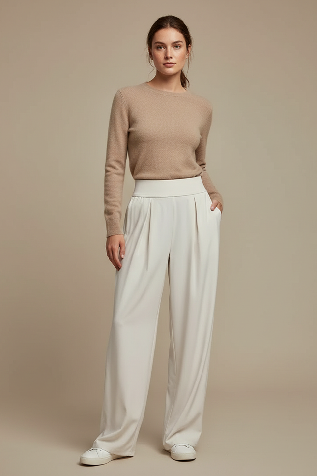 Pantalon Blanc Plissé Fluide Taille Haute Élégant - Viscose