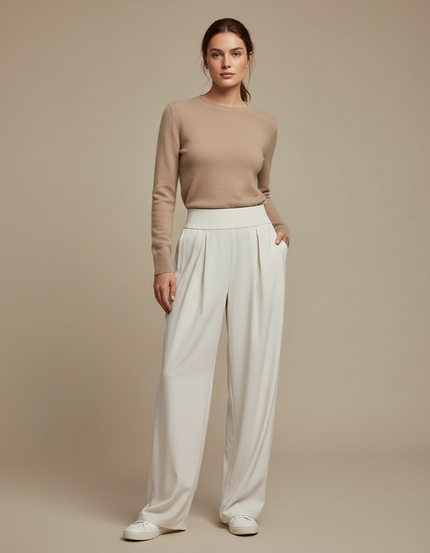 Pantalon Blanc Plissé Fluide Taille Haute Élégant - Viscose