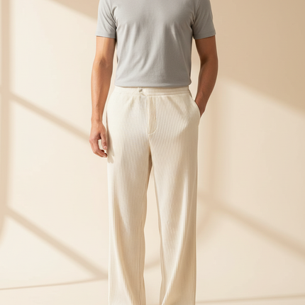 Pantalon Blanc Côtelé Ample Droit Décontracté Homme - Cordé