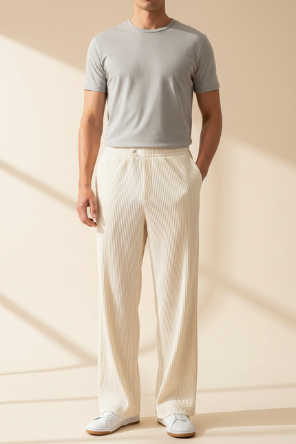 Pantalon Blanc Côtelé Ample Droit Décontracté Homme - Cordé