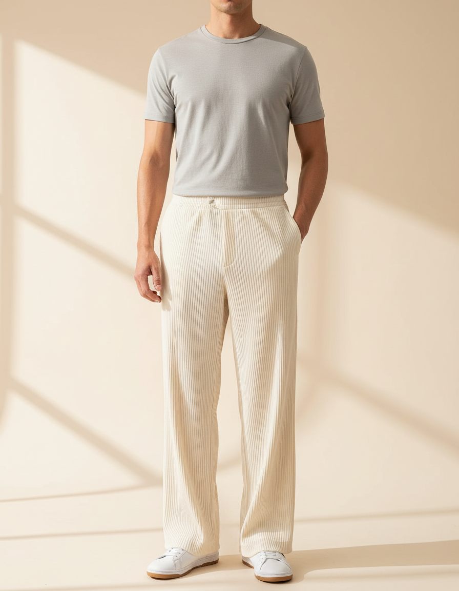 Pantalon Blanc Côtelé Ample Droit Décontracté Homme - Cordé