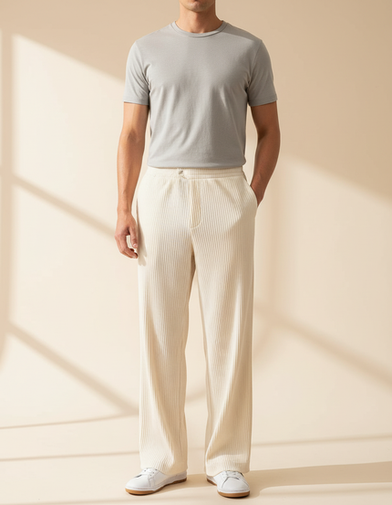 Pantalon Blanc Côtelé Ample Droit Décontracté Homme - Cordé