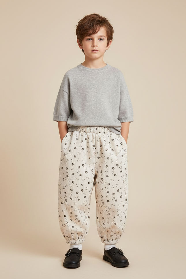 Pantalon Blanc Côtelé Ample Imprimé Floral Enfant - Cordé