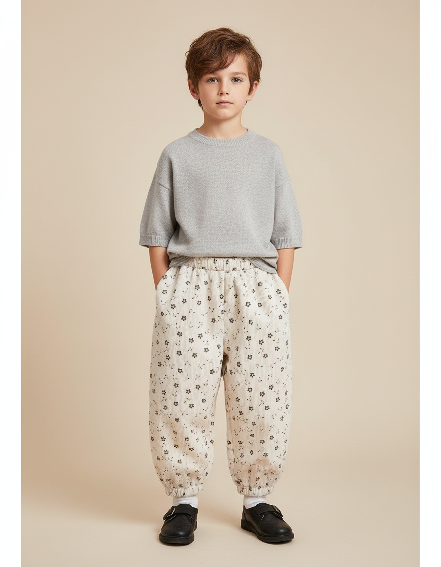 Pantalon Blanc Côtelé Ample Imprimé Floral Enfant - Cordé