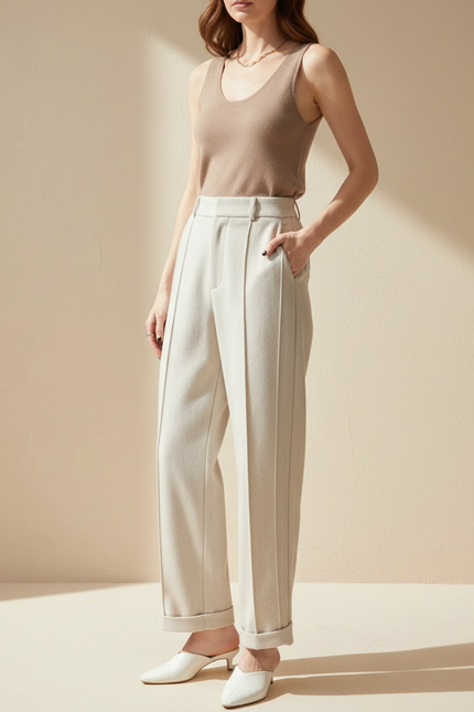 Pantalon Blanc Droit Tweed Texturé Taille Haute - Beige