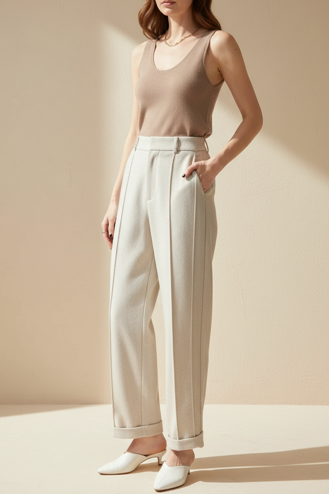 Pantalon Blanc Droit Tweed Texturé Taille Haute - Beige