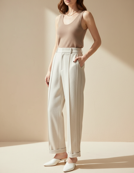 Pantalon Blanc Droit Tweed Texturé Taille Haute - Beige