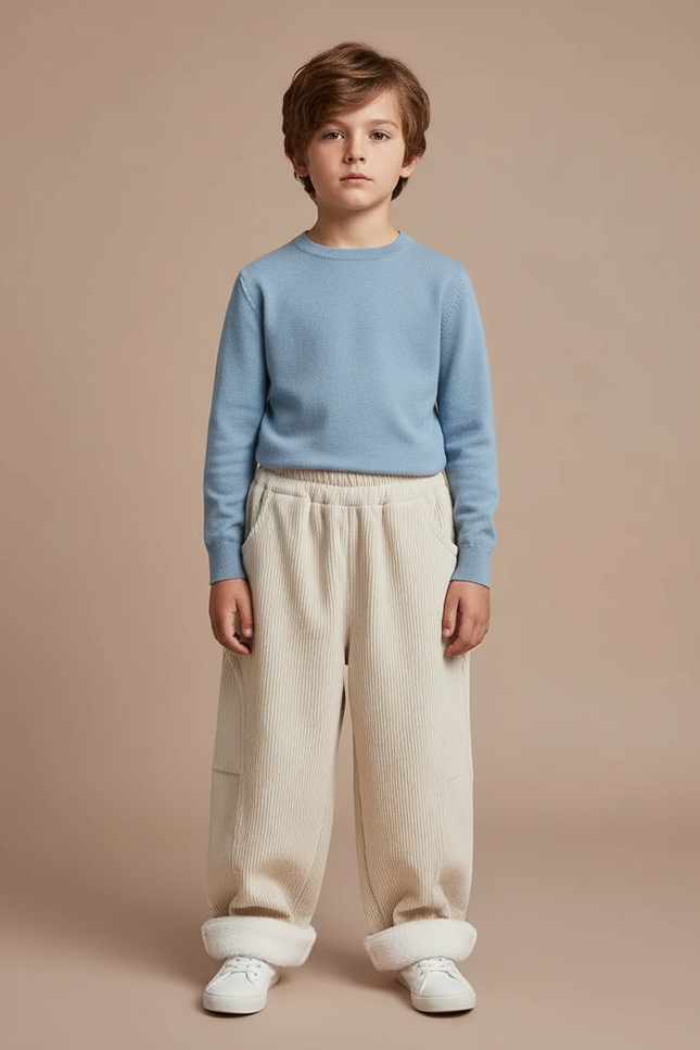 Pantalon Blanc Côtelé Ample Doublé Chaud Enfant - Beige Cordé