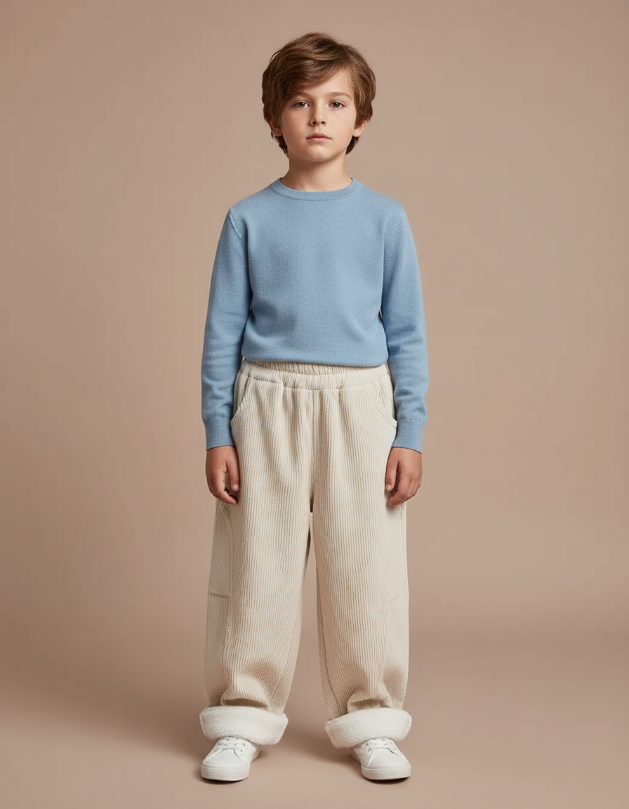 Pantalon Blanc Côtelé Ample Doublé Chaud Enfant - Beige Cordé