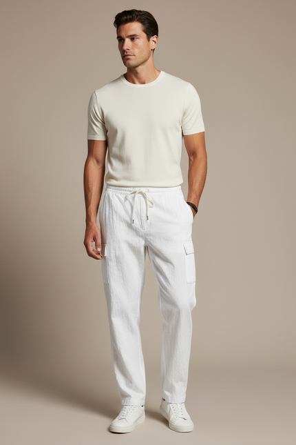 Pantalon Blanc Cargo Léger Multi-Poches Respirant Cordon - Lin
