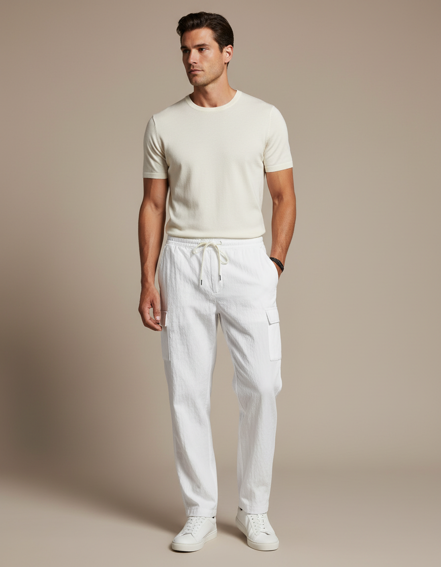 Pantalon Blanc Cargo Léger Multi-Poches Respirant Cordon - Lin