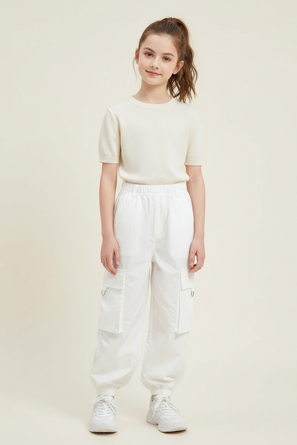 Pantalon Blanc Cargo Ample Enfant Poches - Polyester