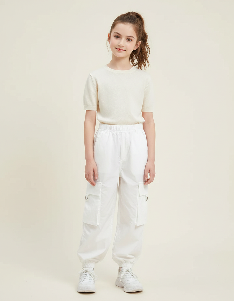 Pantalon Blanc Cargo Ample Enfant Poches - Polyester
