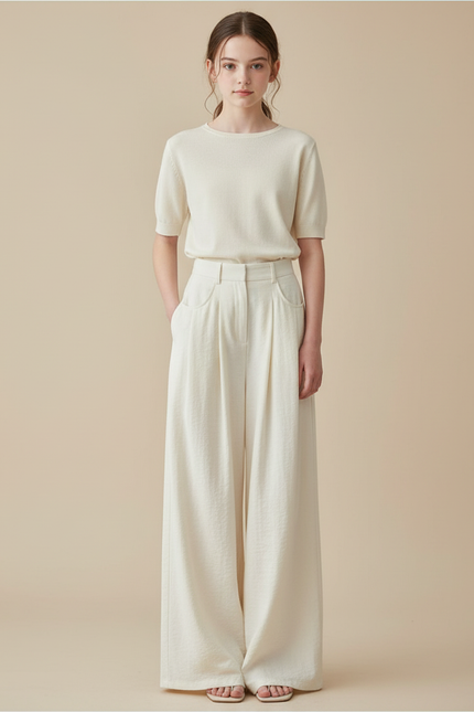 Pantalon Blanc Fluide Ample Plissé Confortable Femme - Viscose