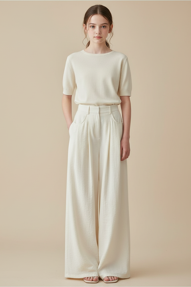 Pantalon Blanc Fluide Ample Plissé Confortable Femme - Viscose