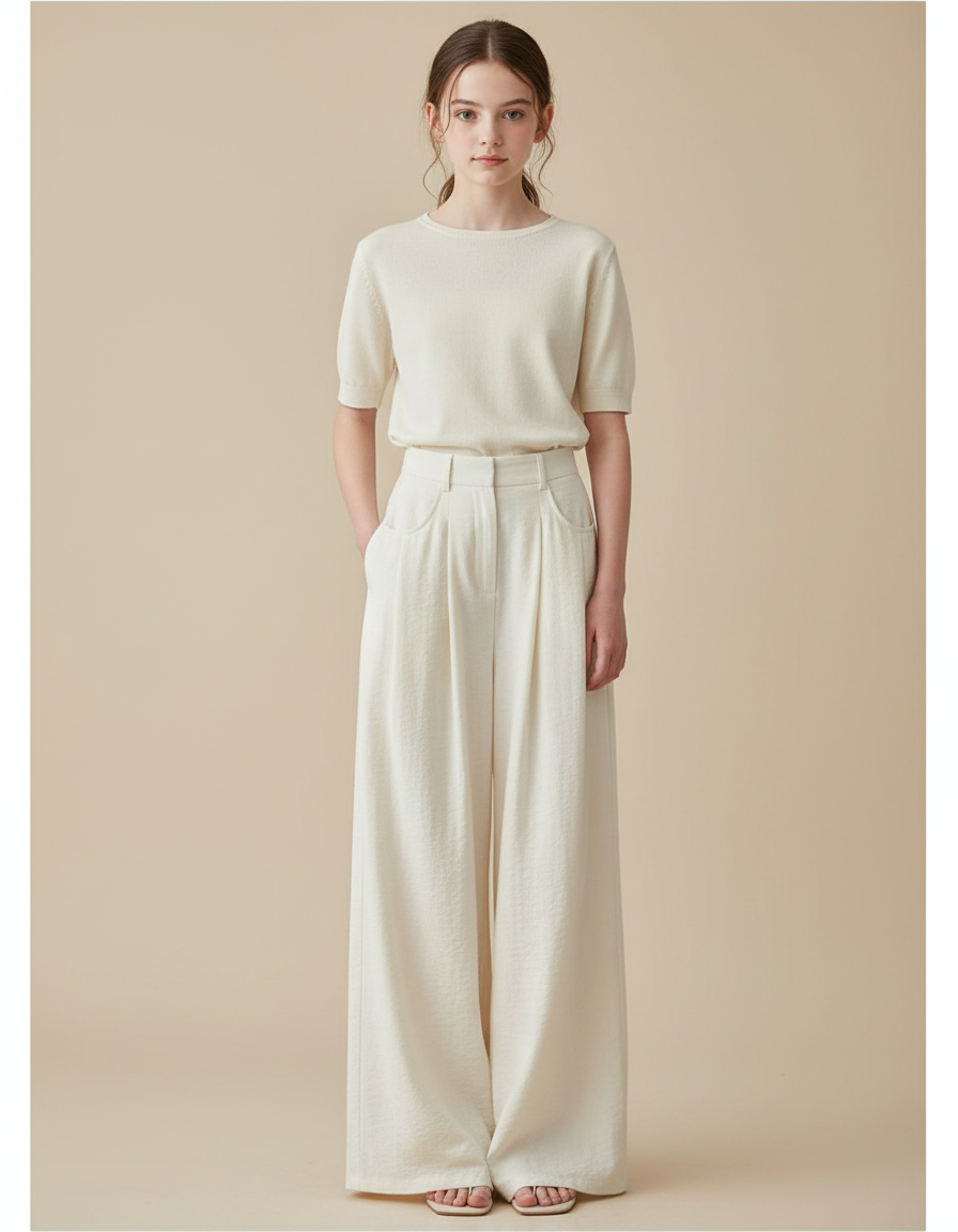Pantalon Blanc Fluide Ample Plissé Confortable Femme - Viscose
