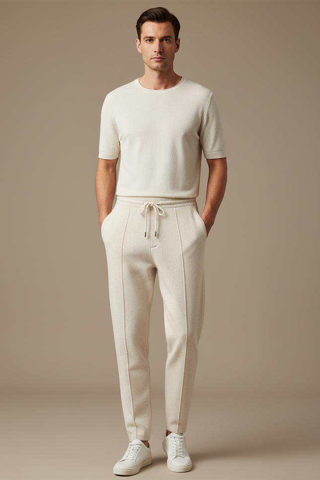 Pantalon Blanc Tricoté Slim Décontracté Homme Cordon - Beige Maille