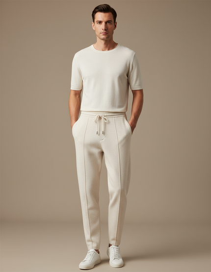 Pantalon Blanc Tricoté Slim Décontracté Homme Cordon - Beige Maille