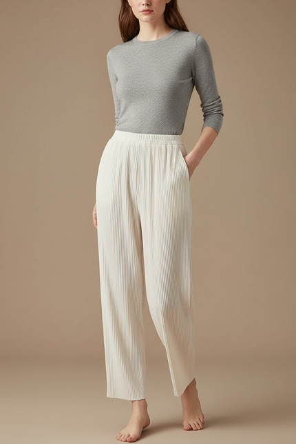 Pantalon Blanc Plissé Ample Fluide Élégant Femme - Polyester