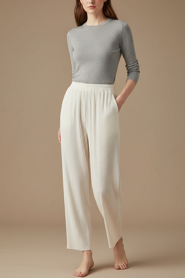 Pantalon Blanc Plissé Ample Fluide Élégant Femme - Polyester