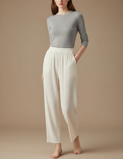 Pantalon Blanc Plissé Ample Fluide Élégant Femme - Polyester