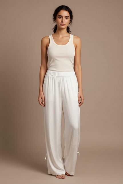 Pantalon Blanc Fluide Satiné Brodé Ample Élégant
