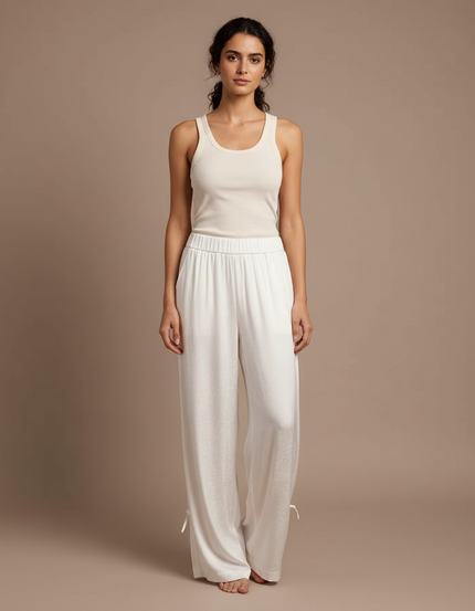 Pantalon Blanc Fluide Satiné Brodé Ample Élégant
