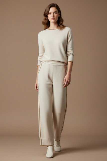 Pantalon Blanc Large Tricoté Confortable Élégant Femme - Beige Maille
